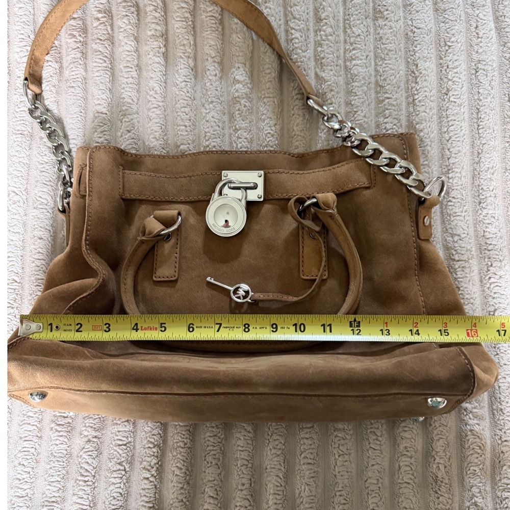 Michael Kors Hamilton Tan Suede Satchel Bag Silver Hardware Lock & Key Large - Picture 9 of 14